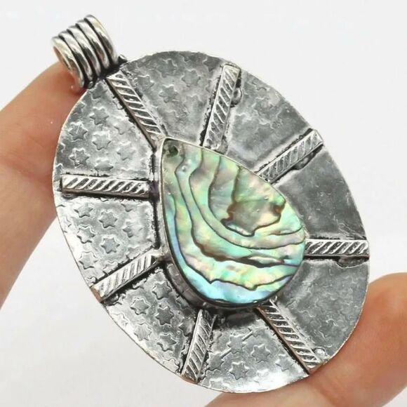 Abalone Shell 925 Silver Plated Handmade Gemstone Pendant of 2.3" Ethnic Gift - Picture 5 of 5